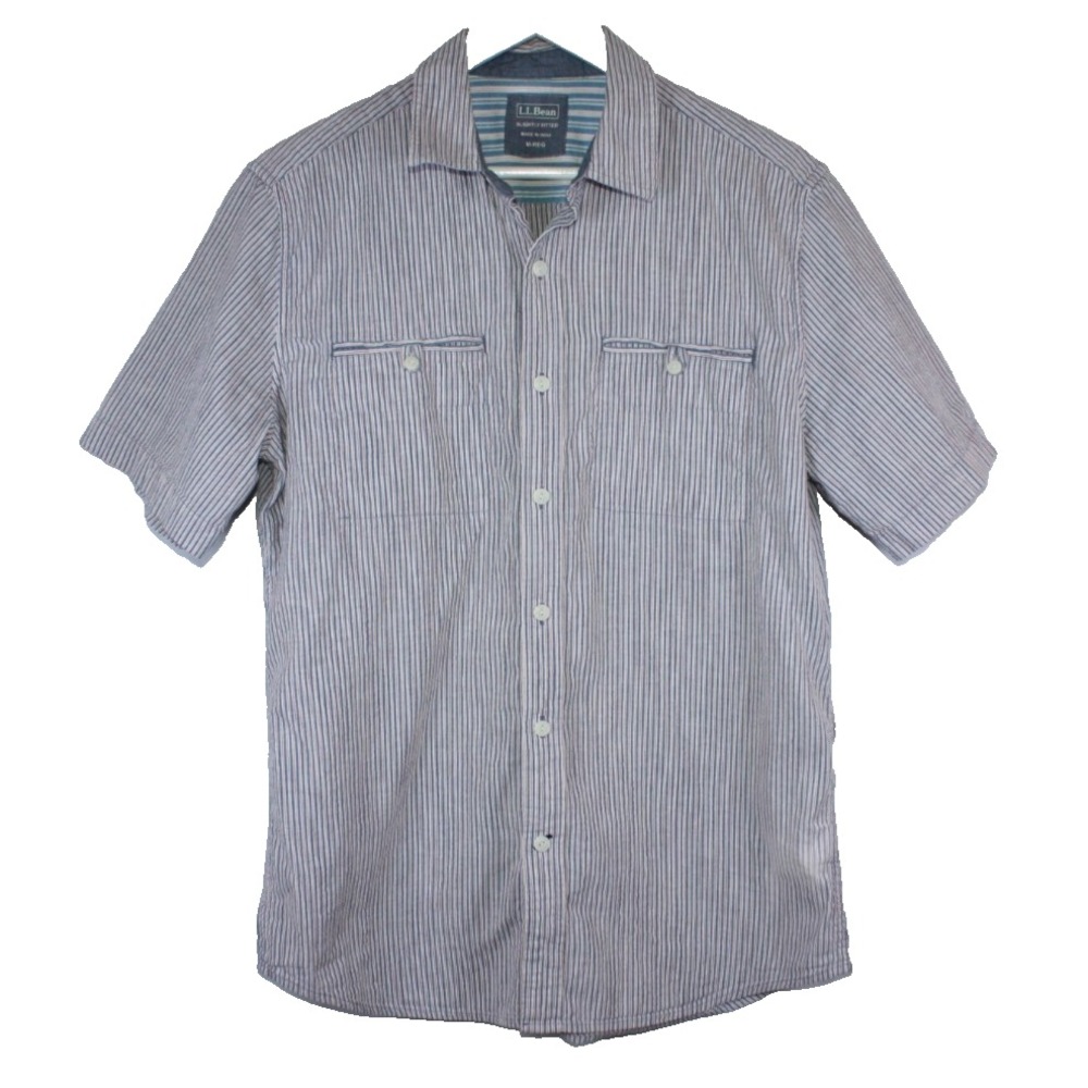 LL Bean Top Mens Size Medium Regular Slightly Fitted Striped Short Sleeve Button